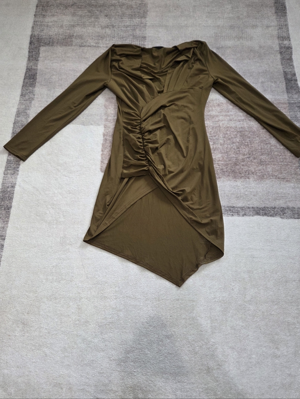 Asymmetrical Olive Green Ruched Long Sleeve Dress